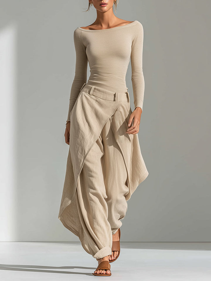Éveline | Beige Boat-Neck Top and Wide-Leg Ruffle Pant Set