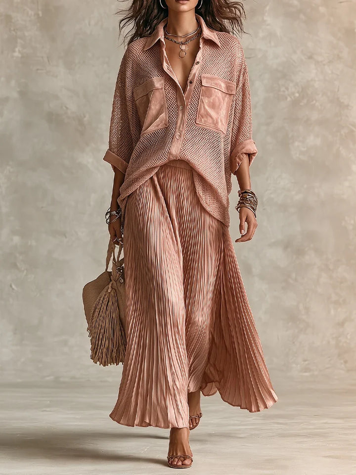 Camille | Pink Mesh Shirt & Pleated Skirt Set