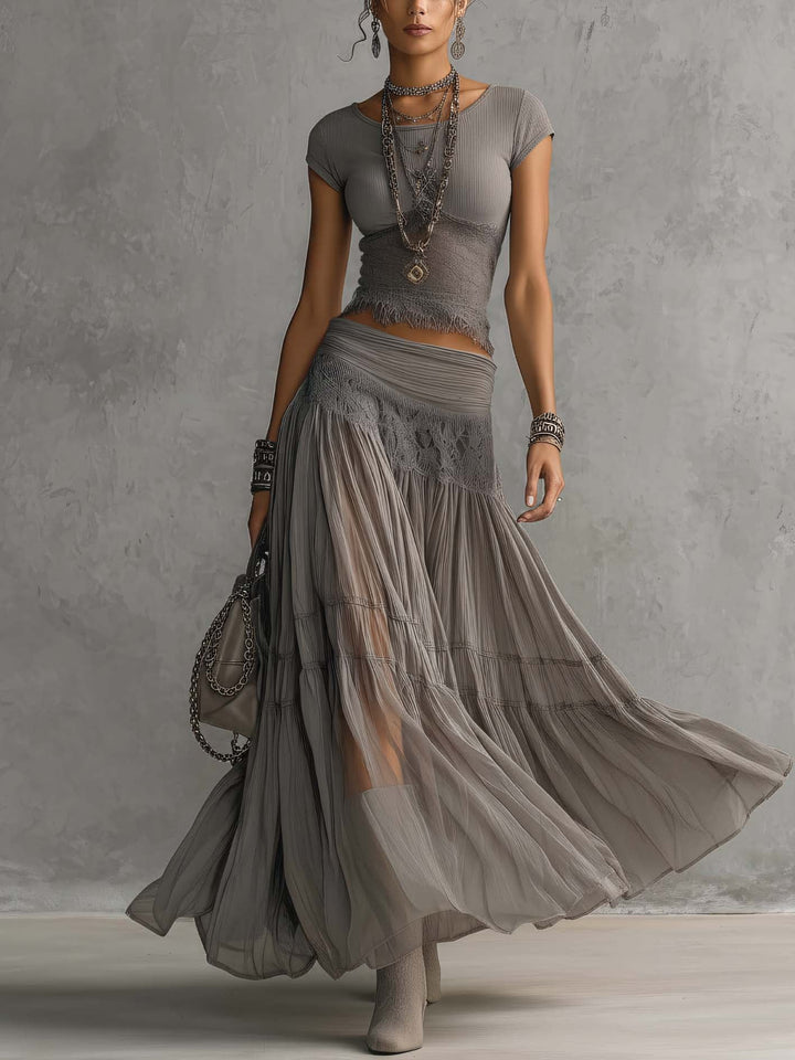 Federica | Lace Detail Top & Pleated Maxi Skirt Set