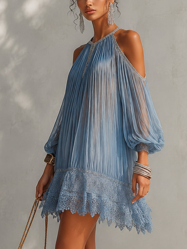 Céleste | Blue Off-Shoulder Mini Dress with Lace Hem