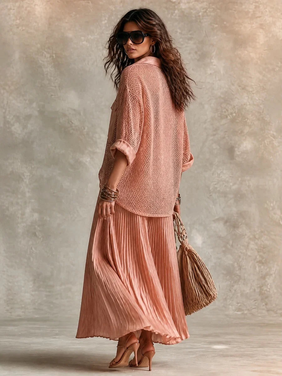 Camille | Pink Mesh Shirt & Pleated Skirt Set