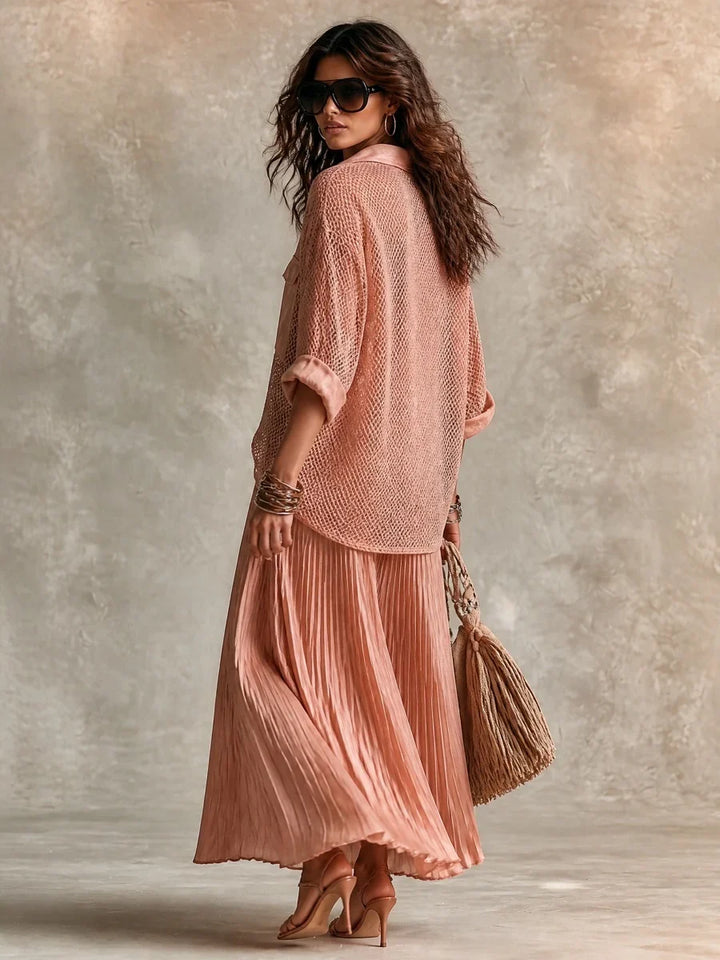 Camille | Pink Mesh Shirt & Pleated Skirt Set