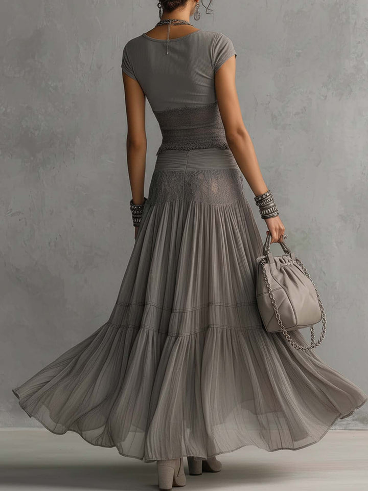 Federica | Lace Detail Top & Pleated Maxi Skirt Set