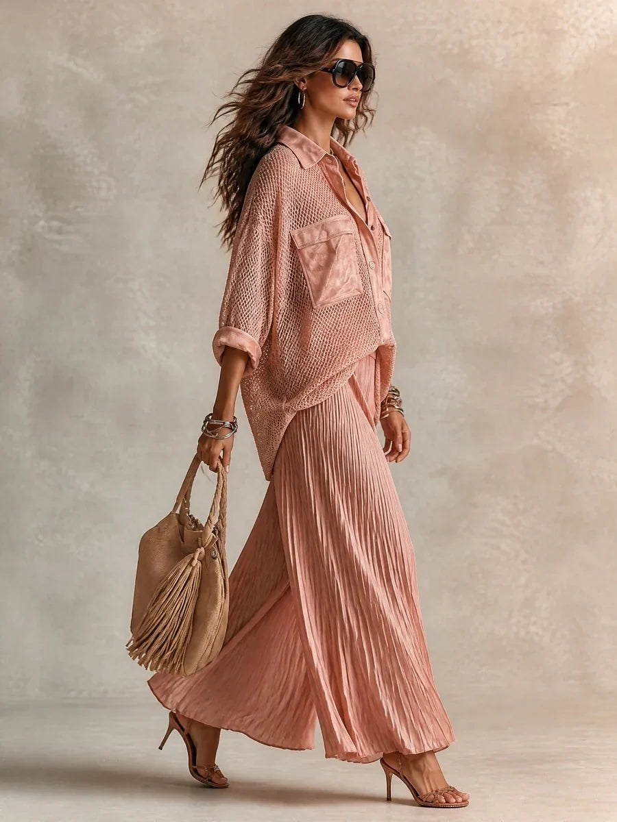 Camille | Pink Mesh Shirt & Pleated Skirt Set