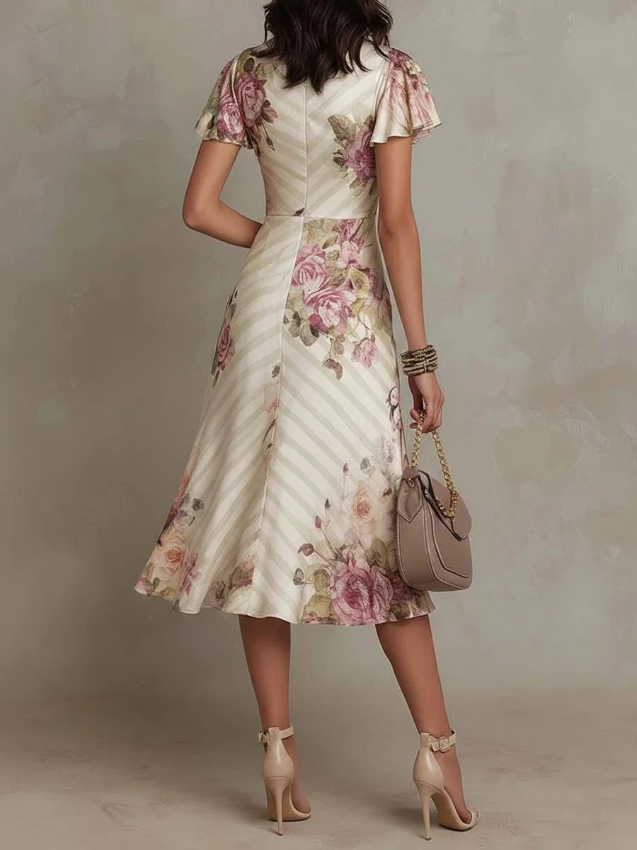 Katarina | Flutter Sleeve Wrap Floral Stripe Print Midi Dress