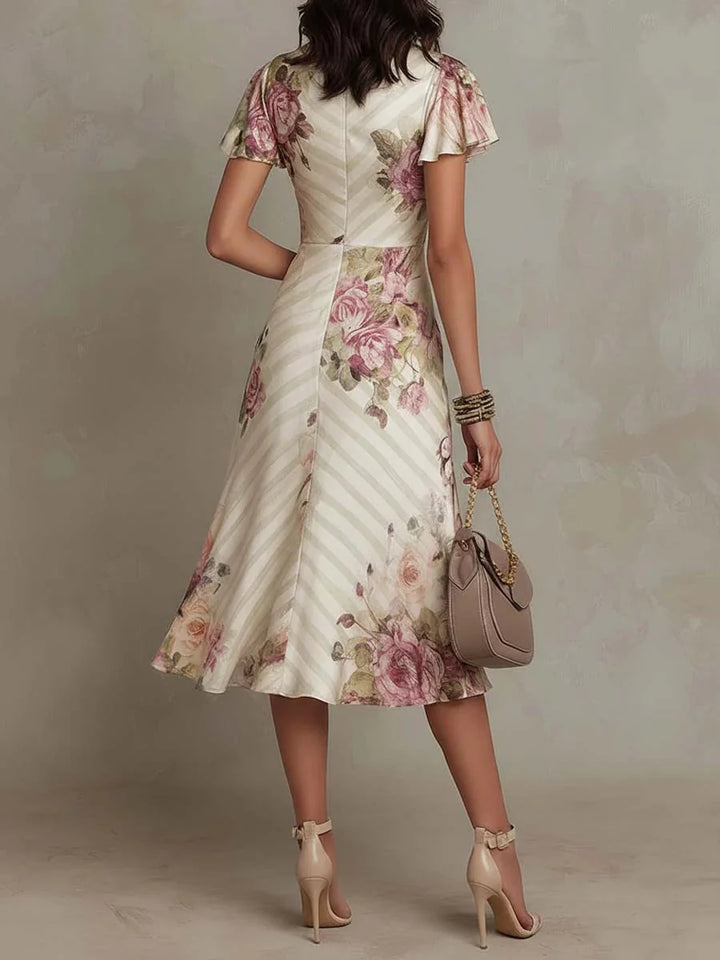 Katarina | Flutter Sleeve Wrap Floral Stripe Print Midi Dress