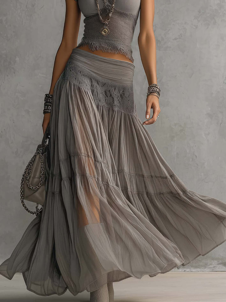 Federica | Lace Detail Top & Pleated Maxi Skirt Set
