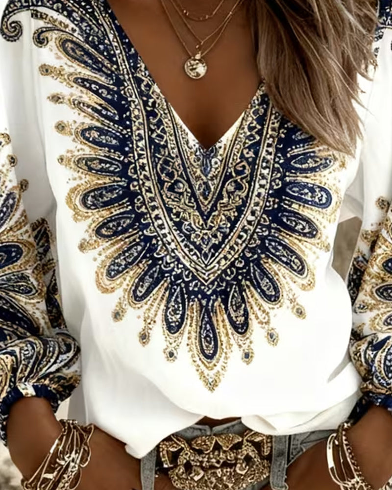 Elara | Retro Print V-Neck Blouse