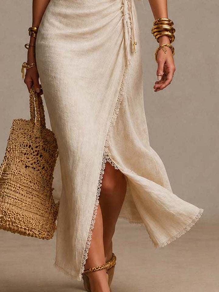 Clemence | Natural Linen Midi Dress with Lace Trim