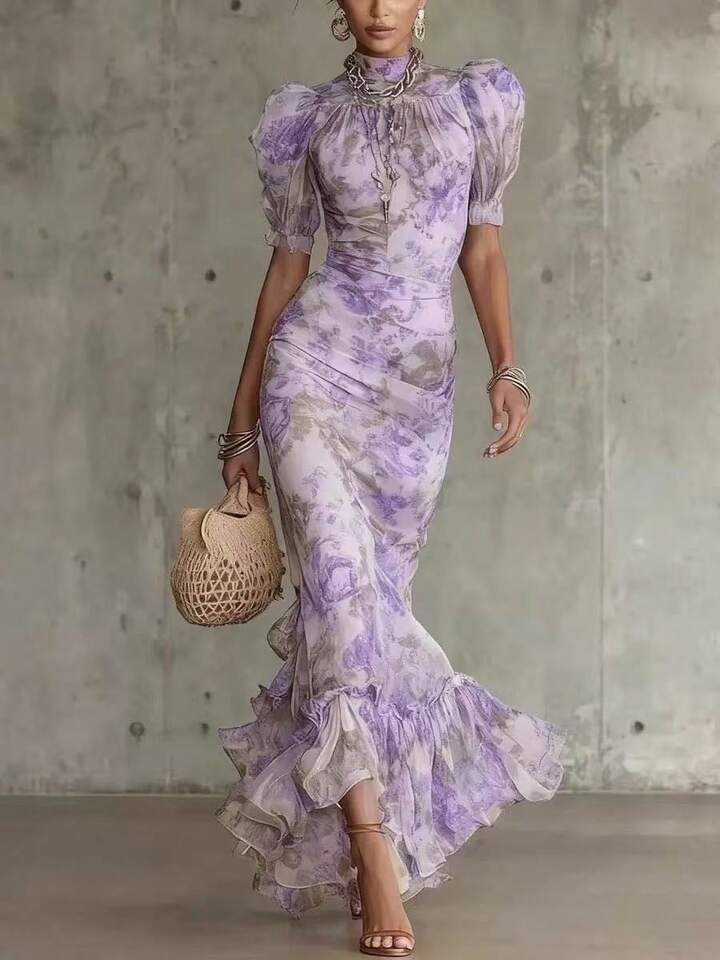 Marlys™ Vintage Floral Ruffle Hem Maxi Dress
