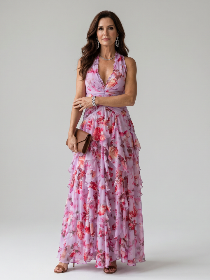 Nori™ | Halter Neck Ruched Bodice Floral Maxi Dress