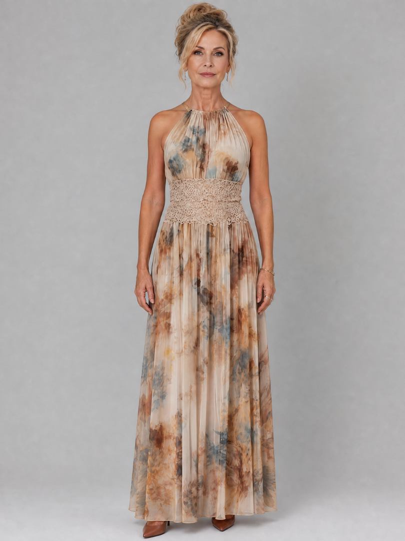 Elavenue™ | Halter Neck Lace Waist Maxi Dress