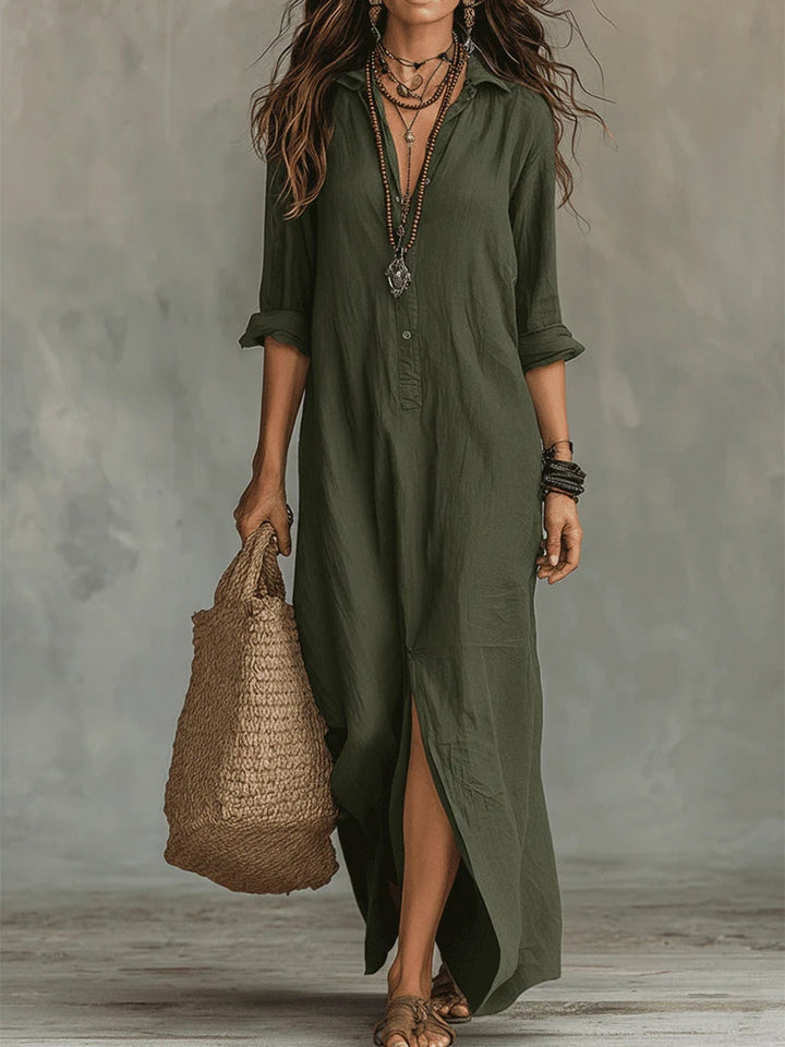 Soline™ - Loose Black Maxi Dress with Buttons