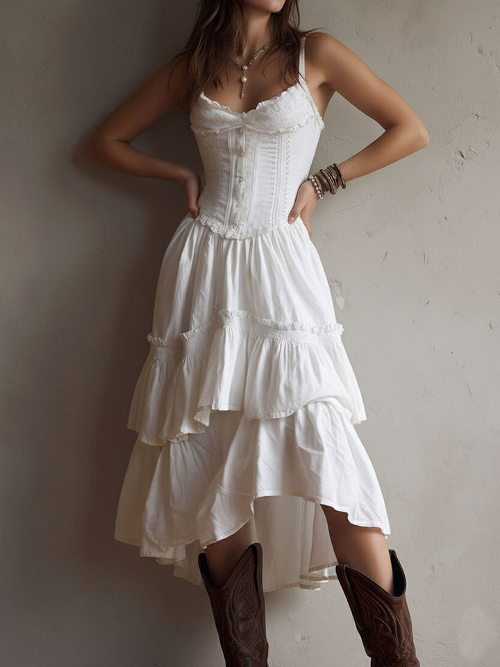 Isla | Lace-Trim Tiered Midi Dress