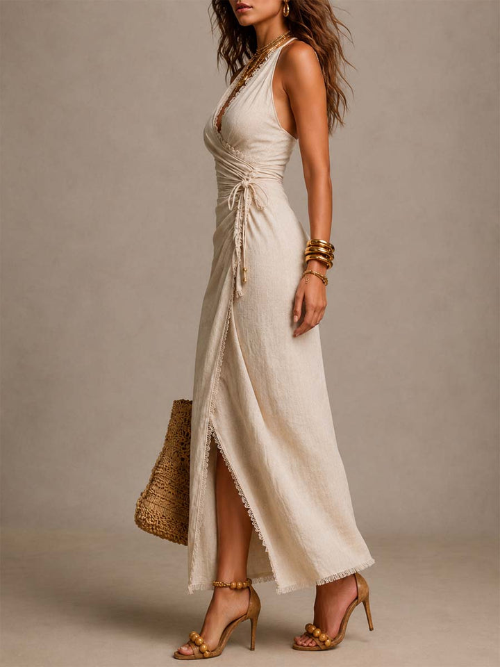 Clemence | Natural Linen Midi Dress with Lace Trim