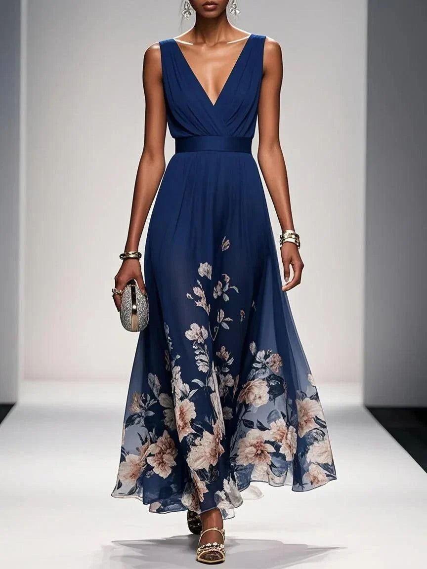 Light Blue Floral Chiffon V-Neck Sleeveless A-Line Maxi Dress