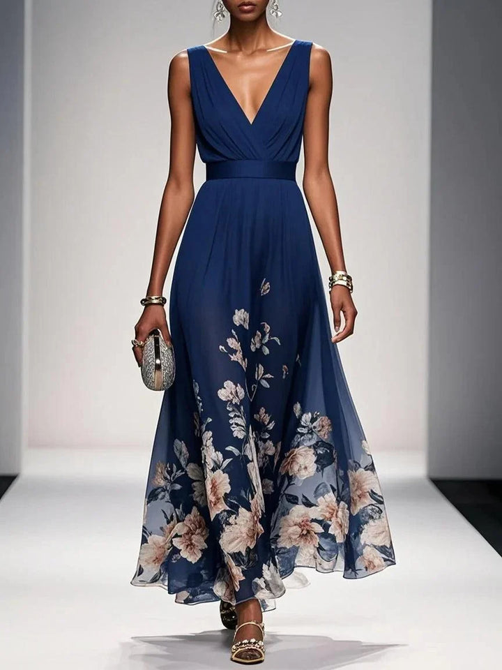 Light Blue Floral Chiffon V-Neck Sleeveless A-Line Maxi Dress