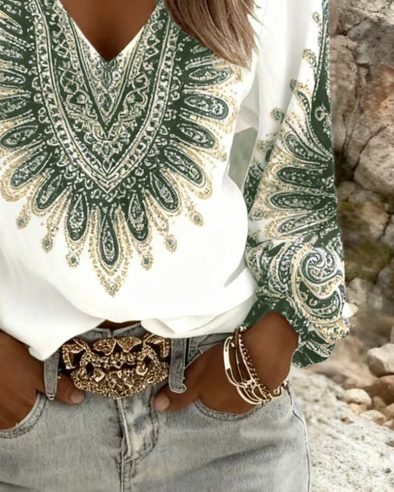 Elara | Retro Print V-Neck Blouse