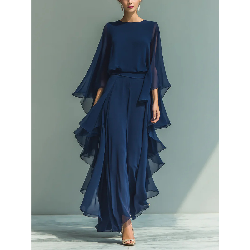 Odette | Chiffon Ruffle-Sleeve Blouse and Wide-Leg Trouser Set