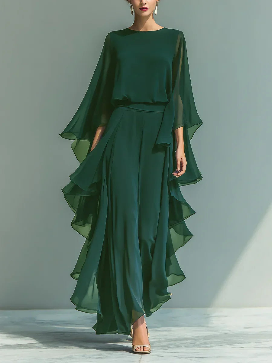 Odette | Chiffon Ruffle-Sleeve Blouse and Wide-Leg Trouser Set