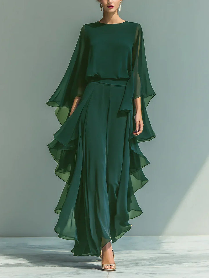 Odette | Chiffon Ruffle-Sleeve Blouse and Wide-Leg Trouser Set
