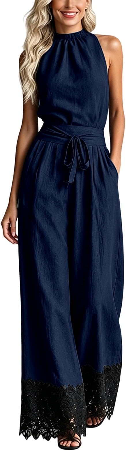 Halter Neck Lace-Trim Wide Leg Belted Jumpsuit