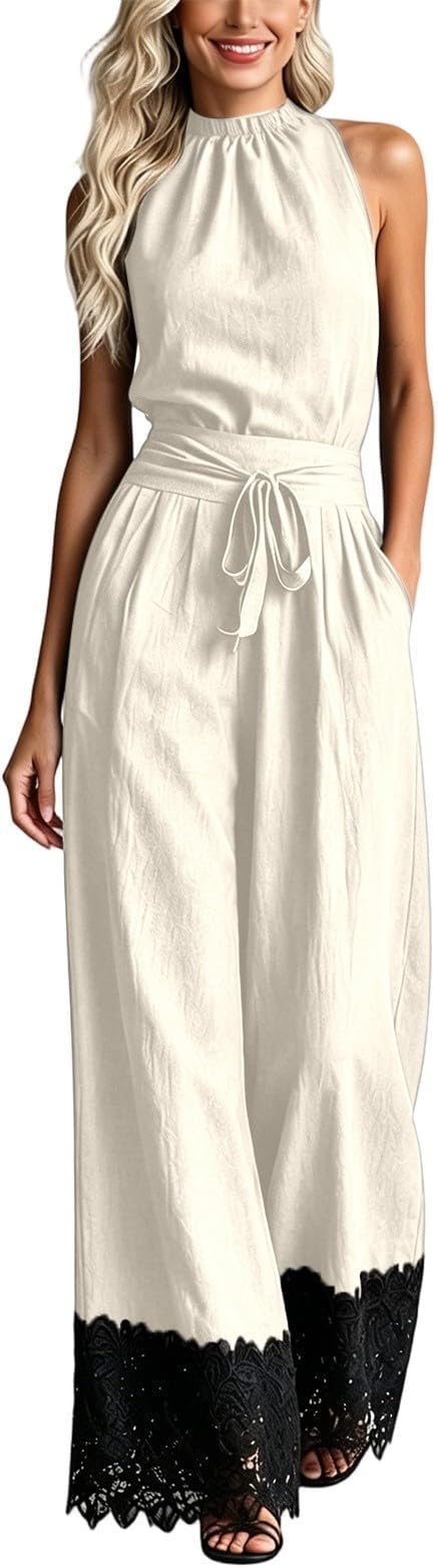 Halter Neck Lace-Trim Wide Leg Belted Jumpsuit