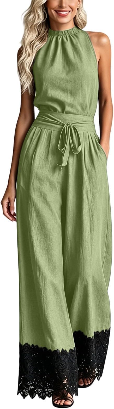 Halter Neck Lace-Trim Wide Leg Belted Jumpsuit
