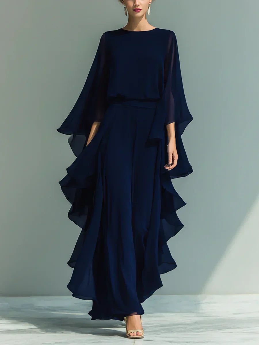 Odette | Chiffon Ruffle-Sleeve Blouse and Wide-Leg Trouser Set