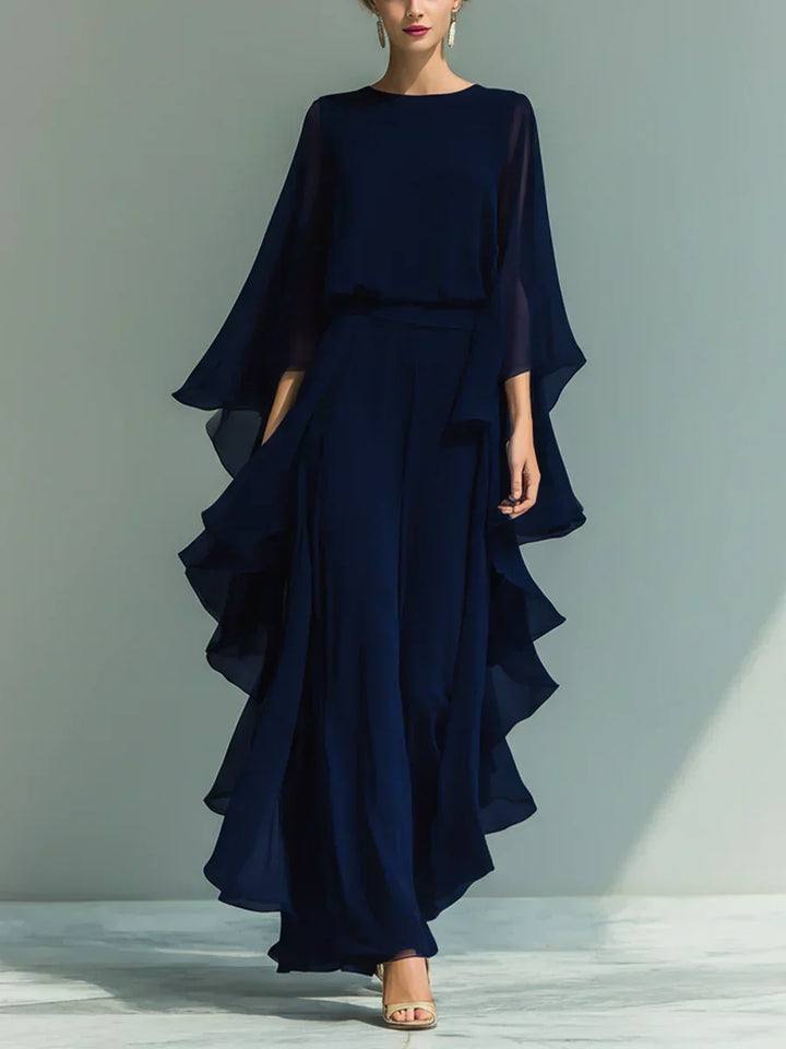 Odette | Chiffon Ruffle-Sleeve Blouse and Wide-Leg Trouser Set