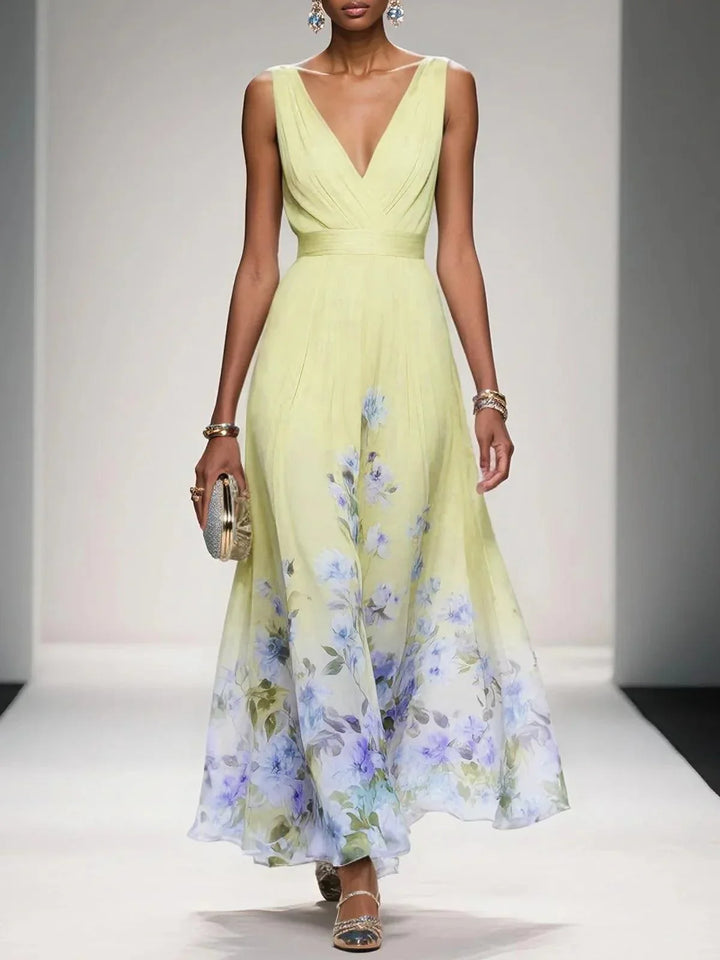 Light Blue Floral Chiffon V-Neck Sleeveless A-Line Maxi Dress