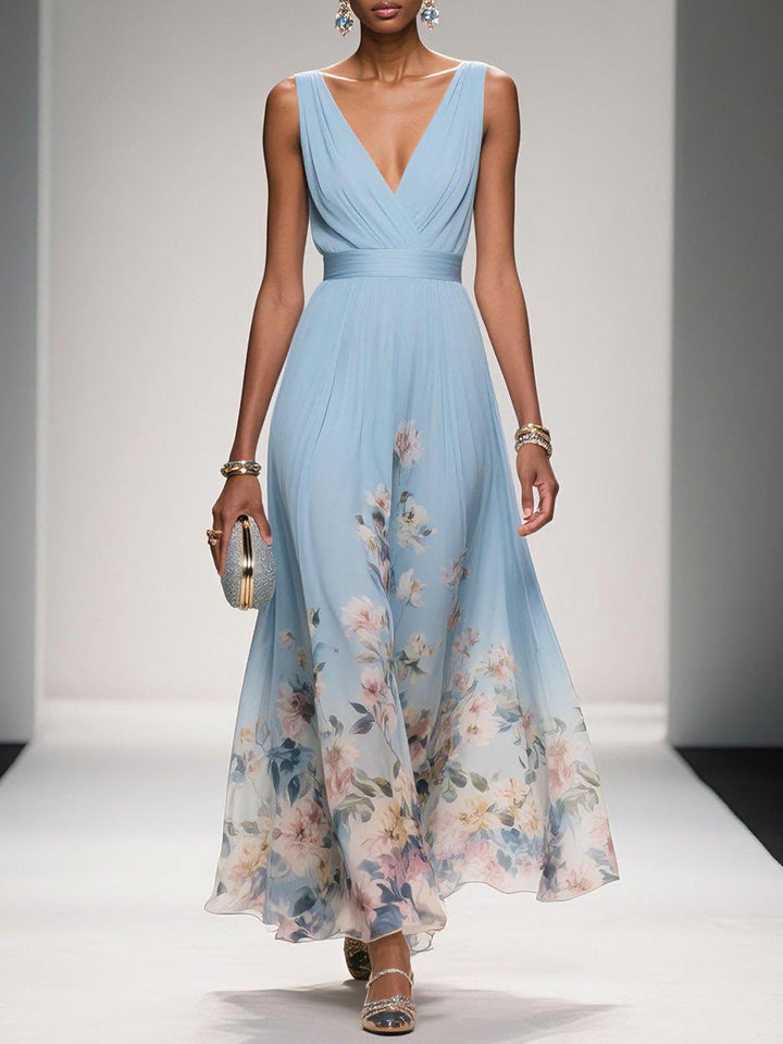 Light Blue Floral Chiffon V-Neck Sleeveless A-Line Maxi Dress