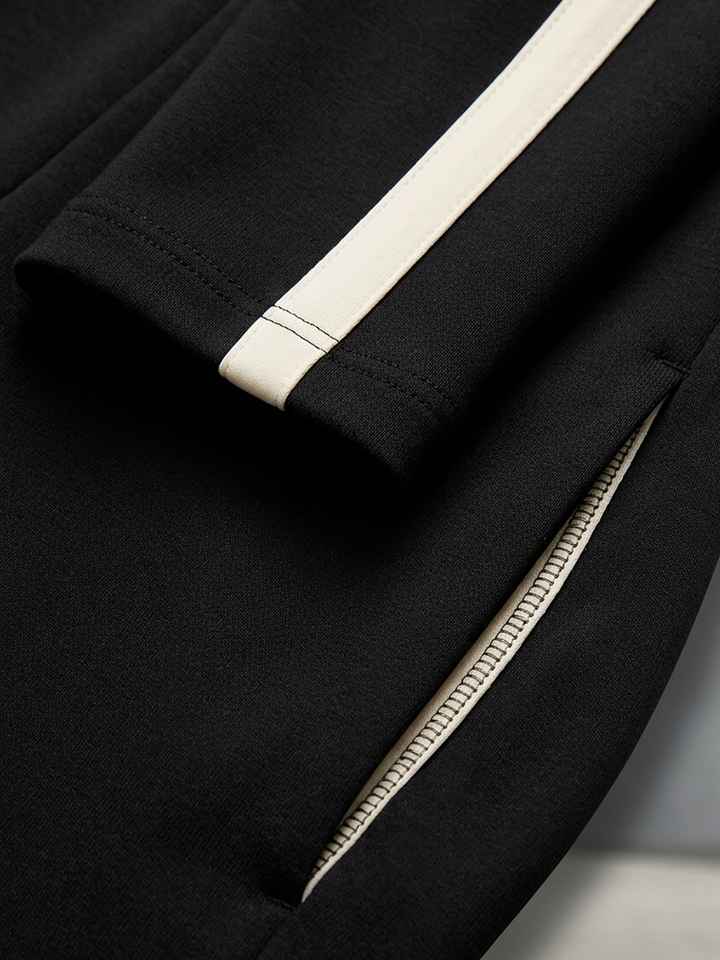 Black Contrast Stripe Tracksuit Set Half Zip Collar Top & Drawstring Waist Wide Leg Pants