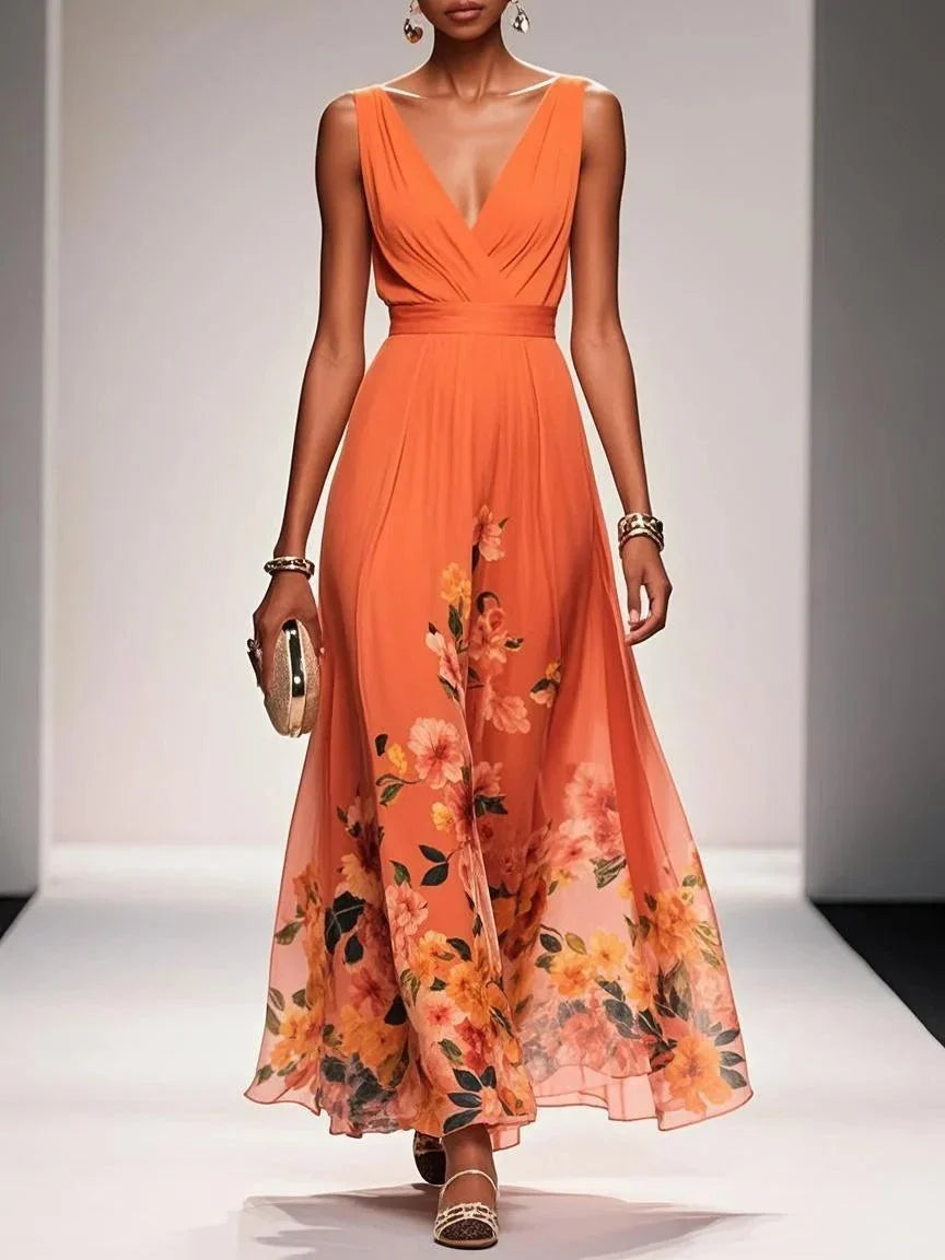 Light Blue Floral Chiffon V-Neck Sleeveless A-Line Maxi Dress