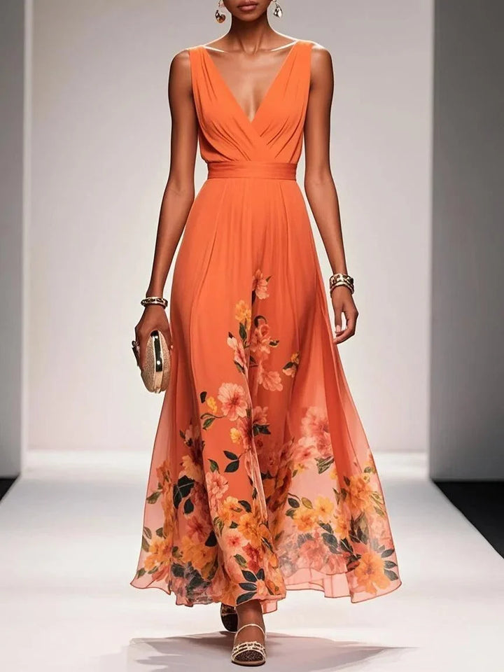 Light Blue Floral Chiffon V-Neck Sleeveless A-Line Maxi Dress