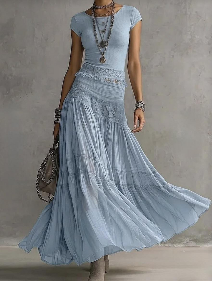 Giulia | Lace Detail Top & Flowing Maxi Skirt Set