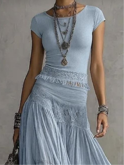 Giulia | Lace Detail Top & Flowing Maxi Skirt Set