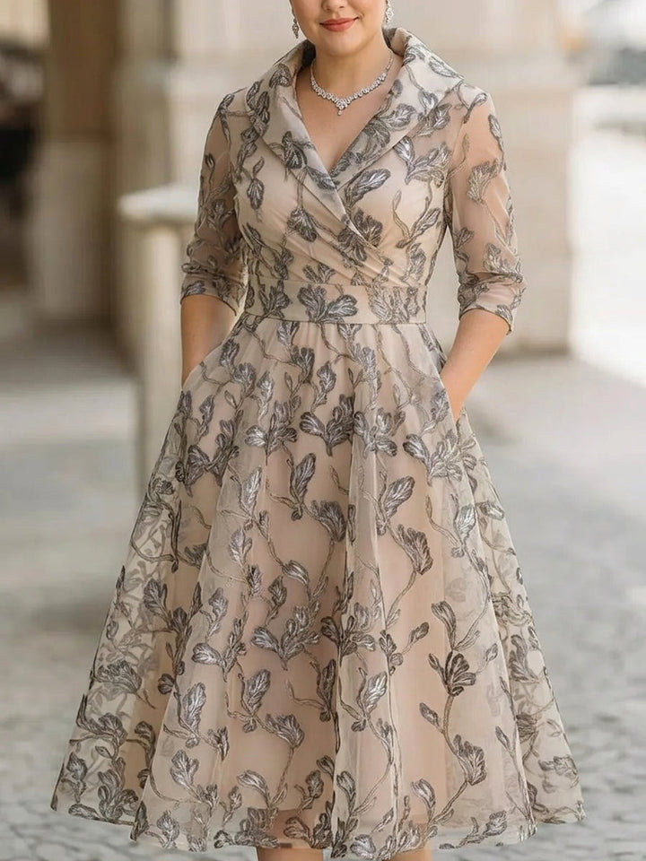 Marceline Apricot Embroidered Mesh Midi Dress
