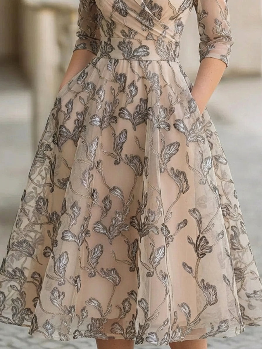 Marceline Apricot Embroidered Mesh Midi Dress