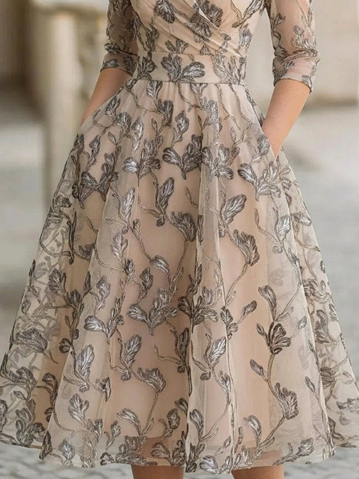 Marceline Apricot Embroidered Mesh Midi Dress