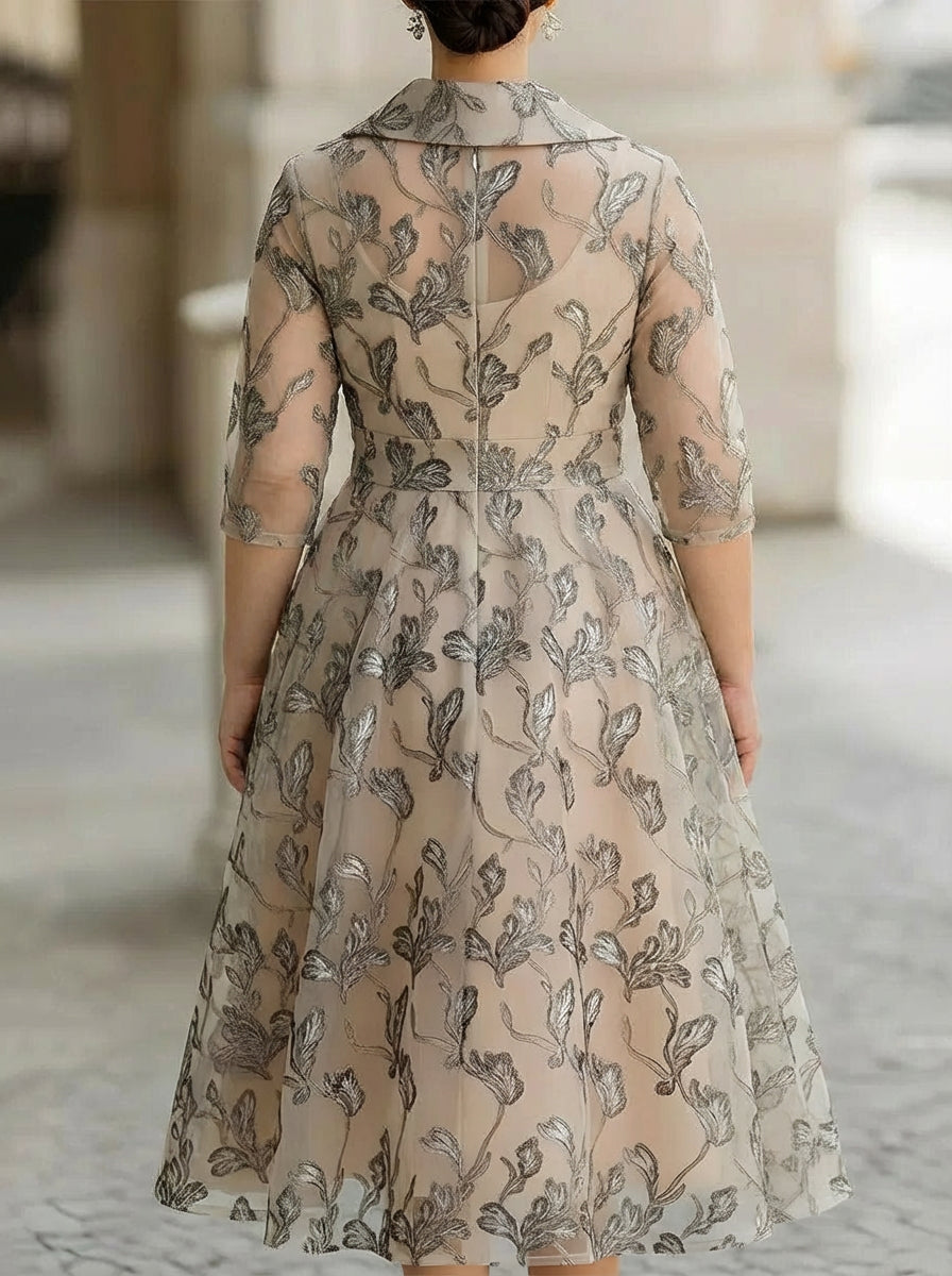 Marceline Apricot Embroidered Mesh Midi Dress