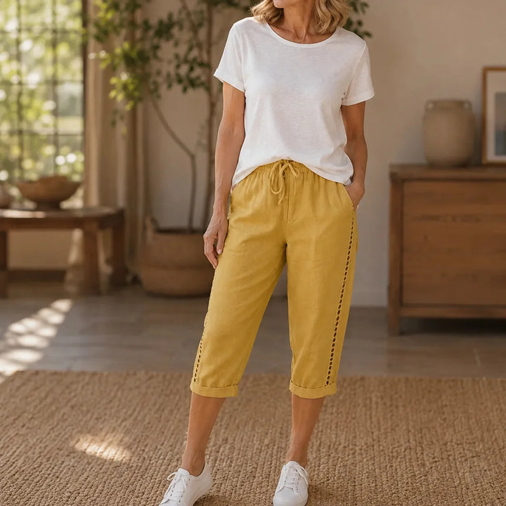 Loravie – Eyelet Trim Cotton-Linen-like Capri Pants with Drawstring Waist