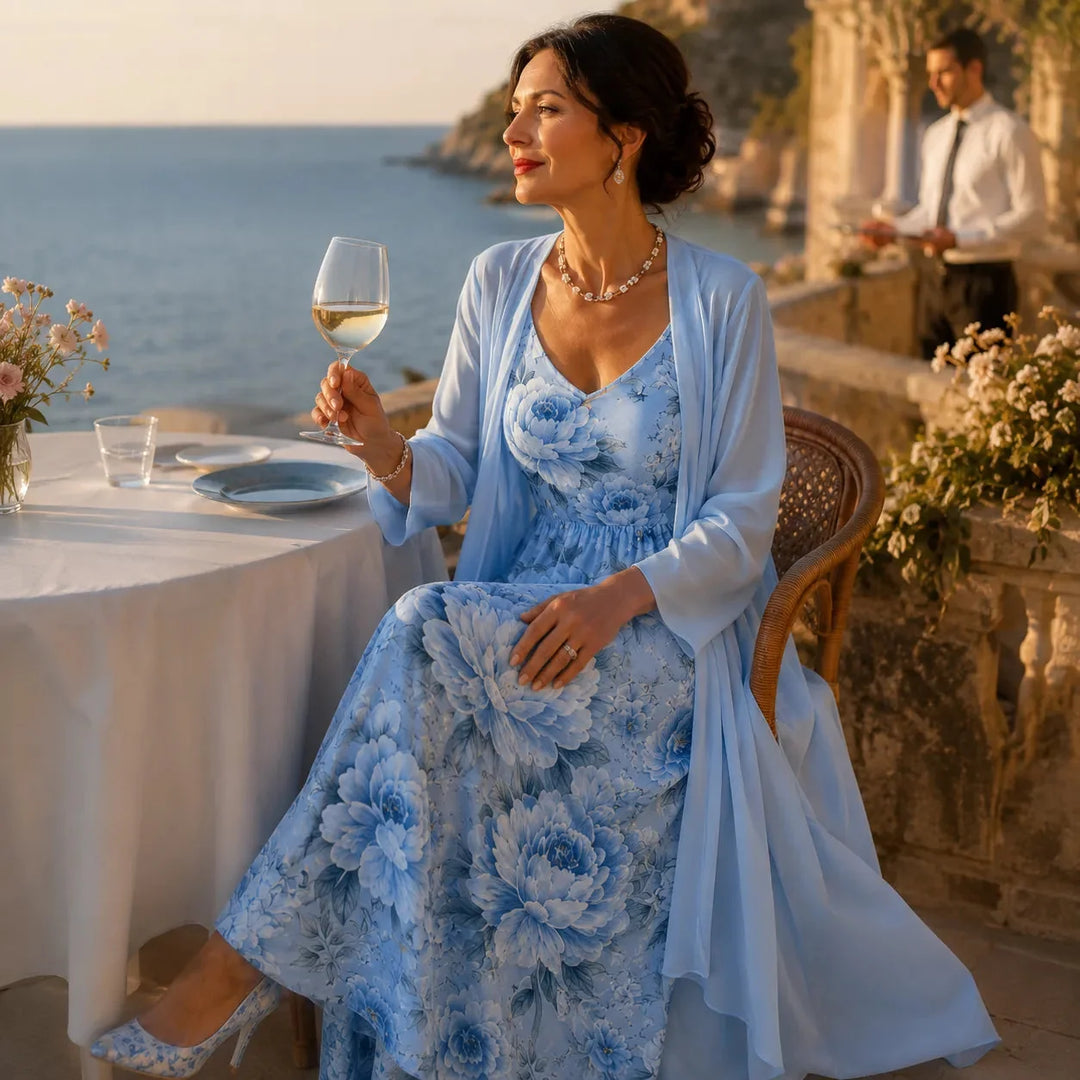 Florenza – Two-Piece Floral Maxi Dress with Sheer Duster