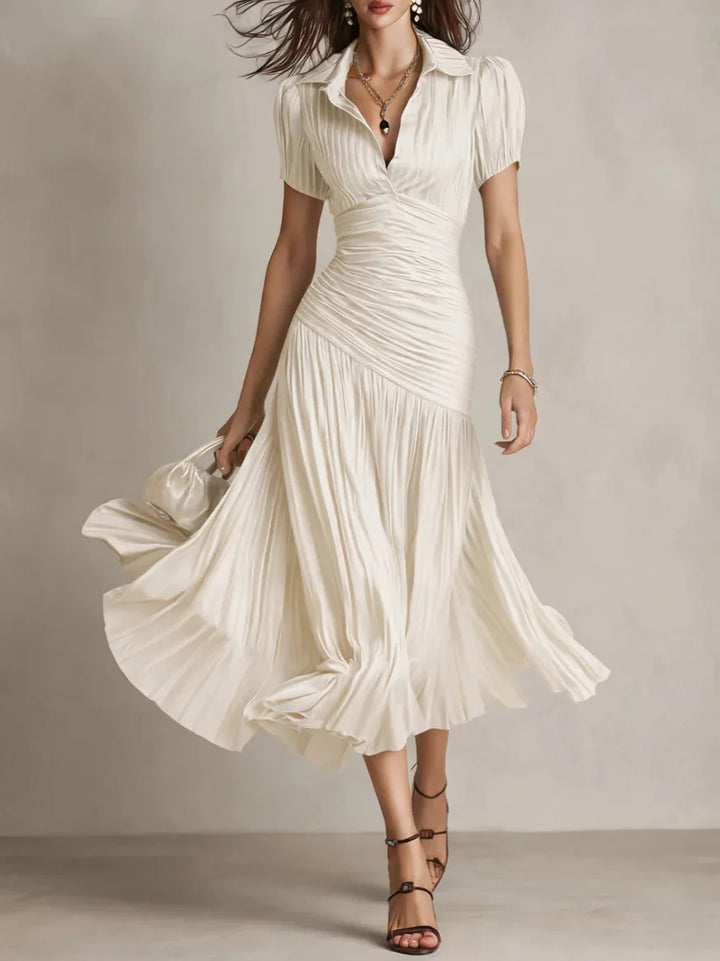 Theodora | Pleated Waistline Stripe Midi Dress