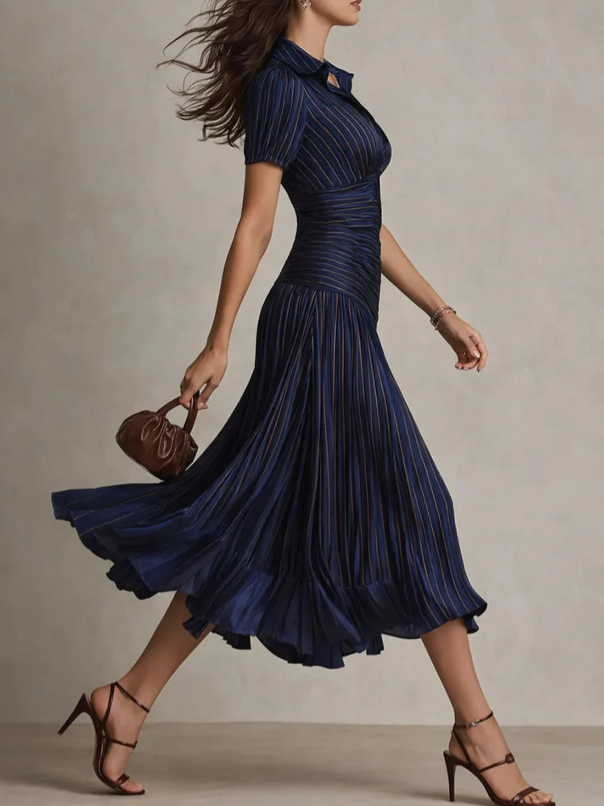 Theodora | Pleated Waistline Stripe Midi Dress
