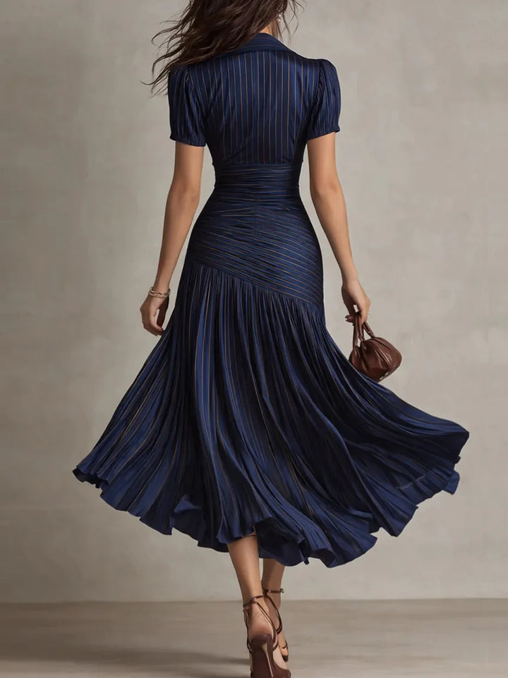 Theodora | Pleated Waistline Stripe Midi Dress