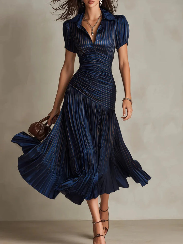 Theodora | Pleated Waistline Stripe Midi Dress