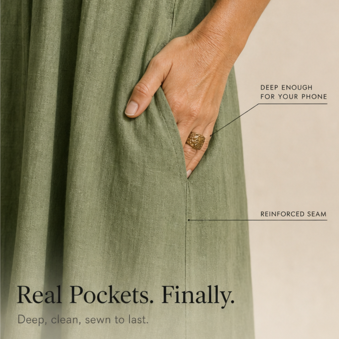Velina | Ruffle-V Midi Dress with Pockets