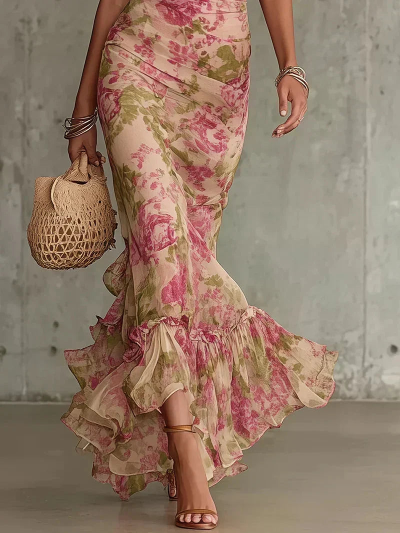 Marlys™ Vintage Floral Ruffle Hem Maxi Dress