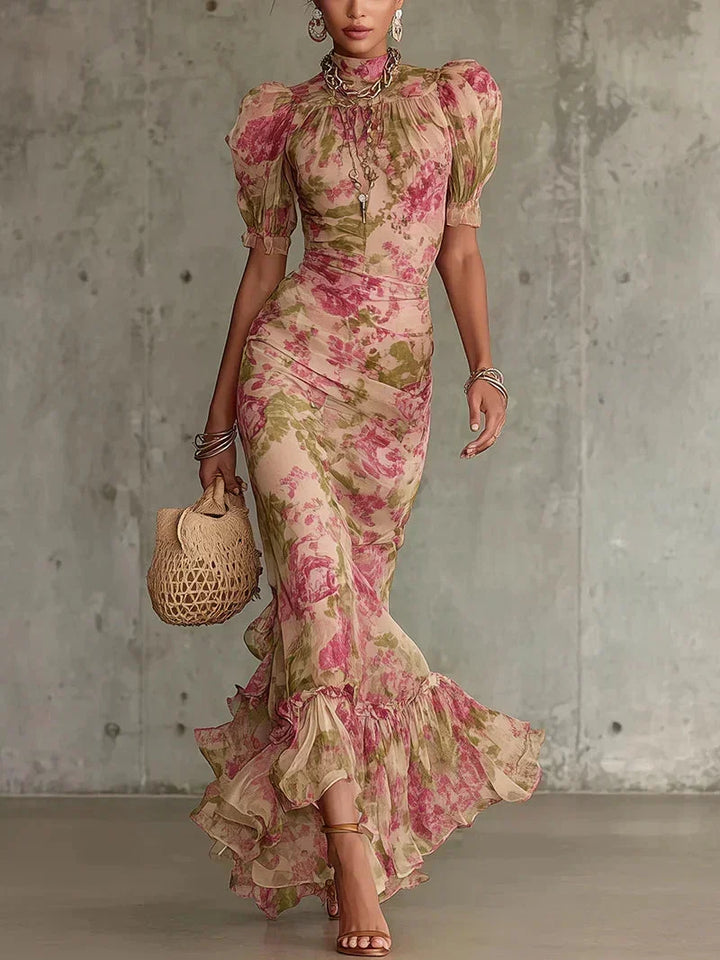 Marlys™ Vintage Floral Ruffle Hem Maxi Dress